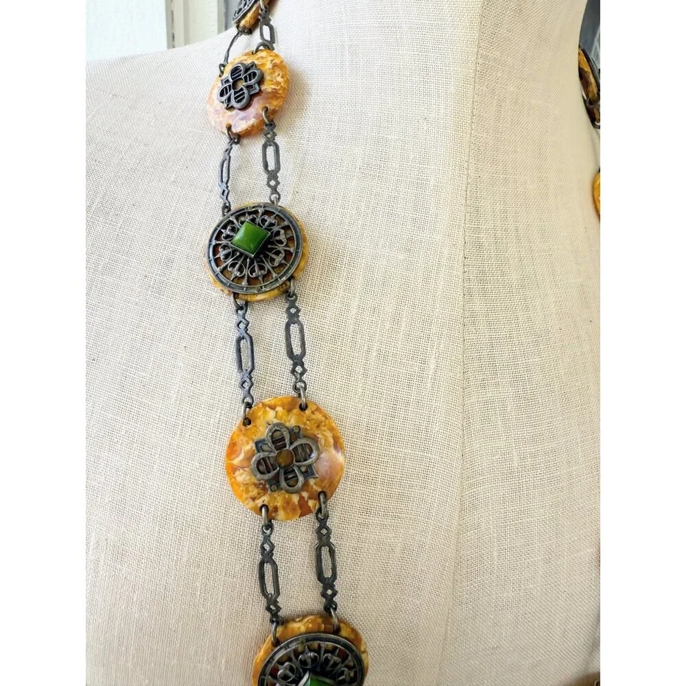 Antique 30's Celloid Circles Green Glass Silverplate women's Link Belt/Necklace - Picture 10 of 16